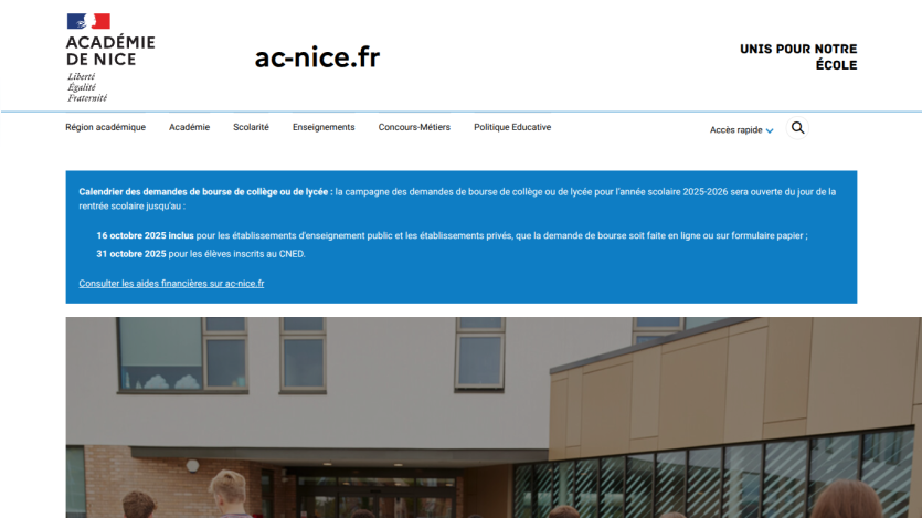 Homepage of Académie de Nice featuring a building and informational text about school enrollment.