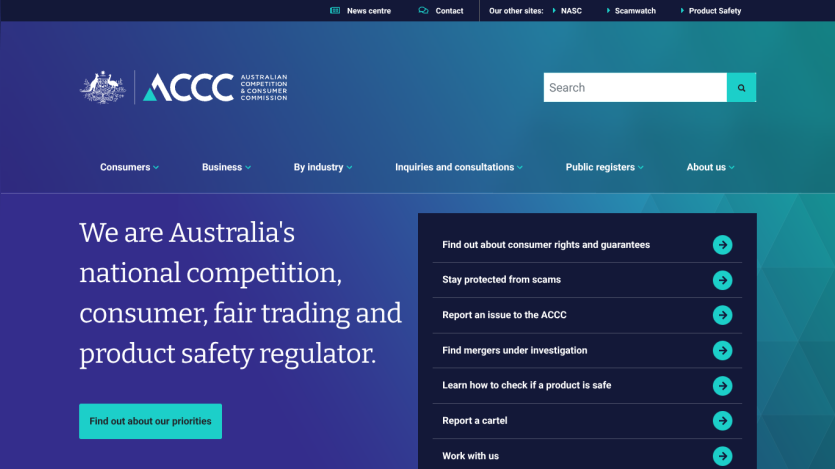 Homepage of ACCC, featuring navigation and key information about consumer rights.