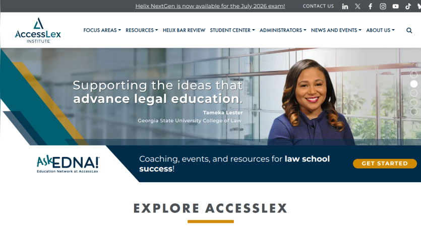 AccessLex Institute homepage with legal education support message and coaching resources for law school success