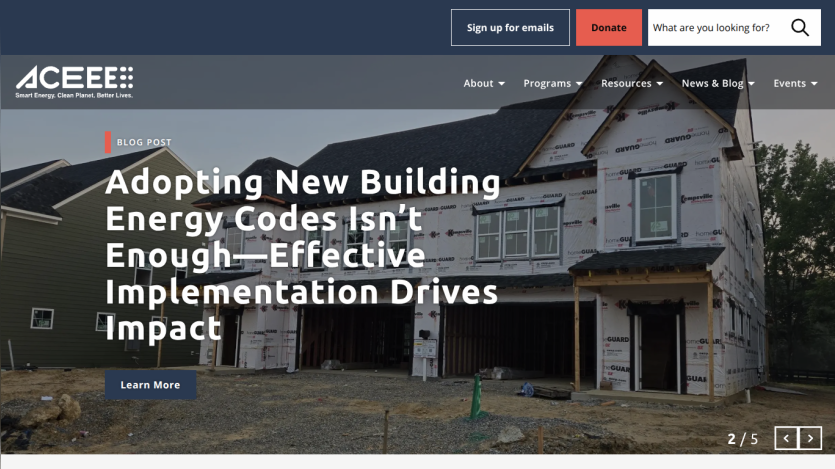 Homepage featuring a house under construction with a headline about building energy codes.
