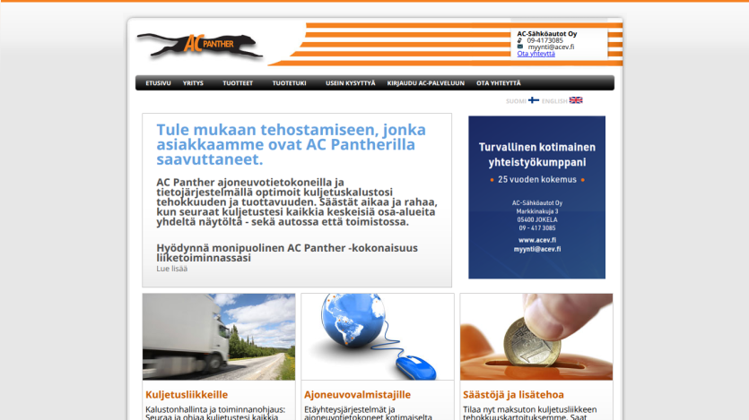 AC Panther homepage promoting vehicle data systems for fleet efficiency with contact info and service categories