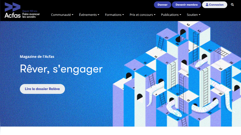 Acfas magazine homepage with headline 'Rêver, s'engager' and a button to read the Relève dossier, featuring a blue geometric illustration