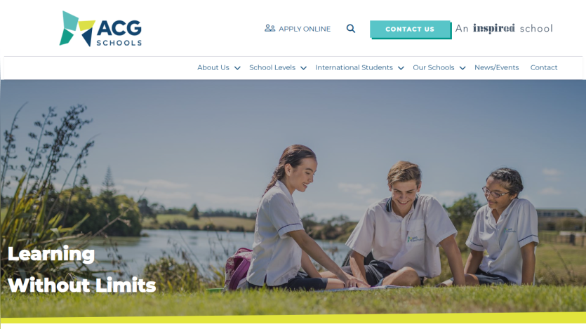 ACG Schools website header with navigation and hero section showing students studying outdoors with text 'Learning Without Limits'