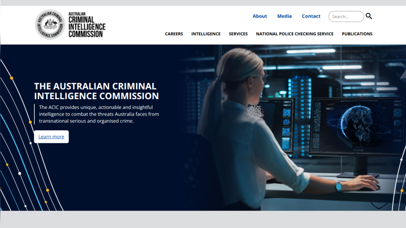 Australian Criminal Intelligence Commission homepage with navigation and hero section describing its mission against transnational crime.