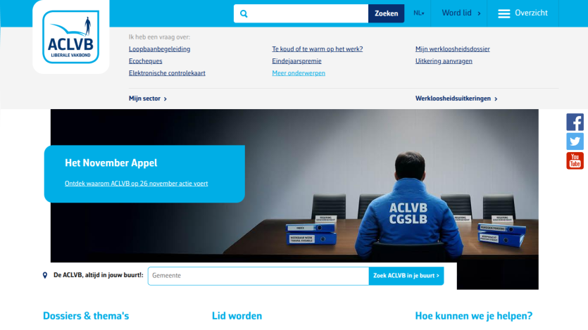 ACLVB website with navigation links, search bar, and a hero section promoting the November appeal with a person in ACLVB jacket