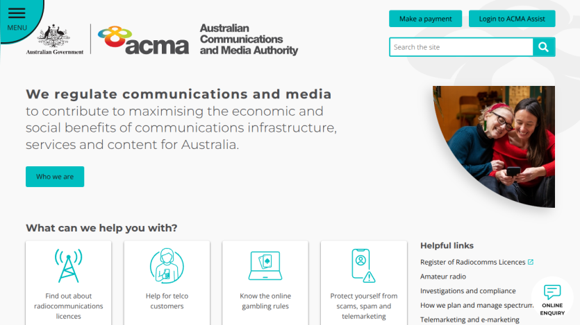 ACMA homepage with navigation, mission statement, and service links visible.