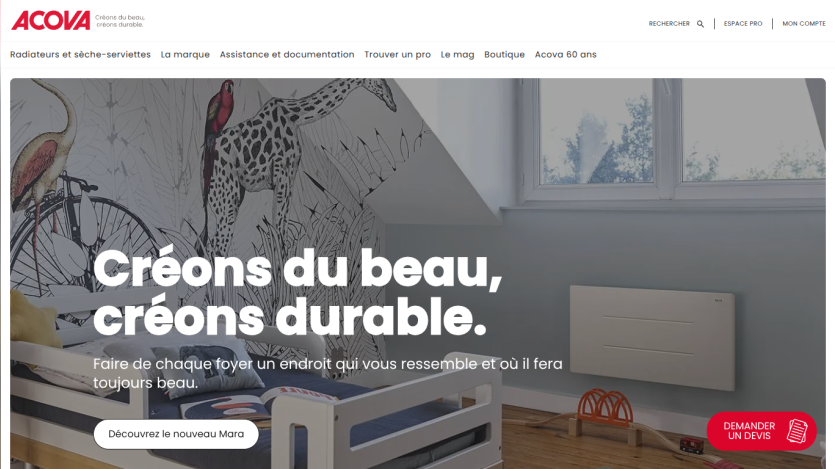 Homepage with a stylish room featuring a radiator and text promoting durable beauty for homes
