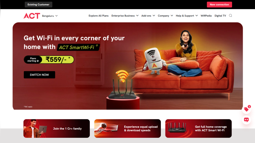 Promotional banner for ACT Smart Wi-Fi with pricing and a woman using the service at home.