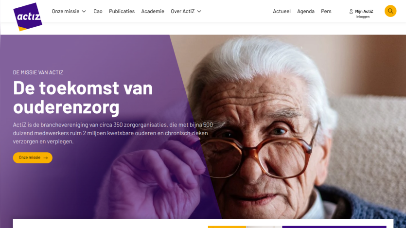 Homepage of ActiZ with mission statement about future of elderly care and an elderly man wearing glasses