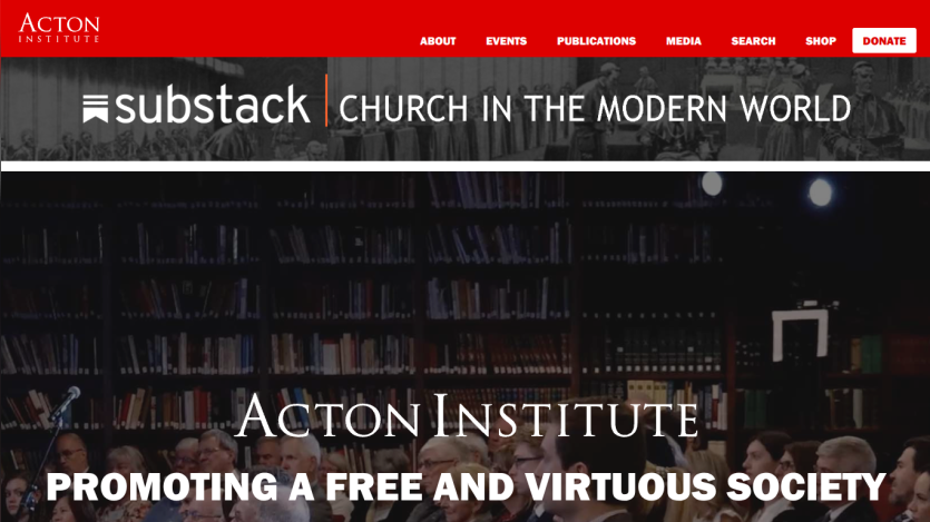 Acton Institute website header with a tagline promoting a free and virtuous society.