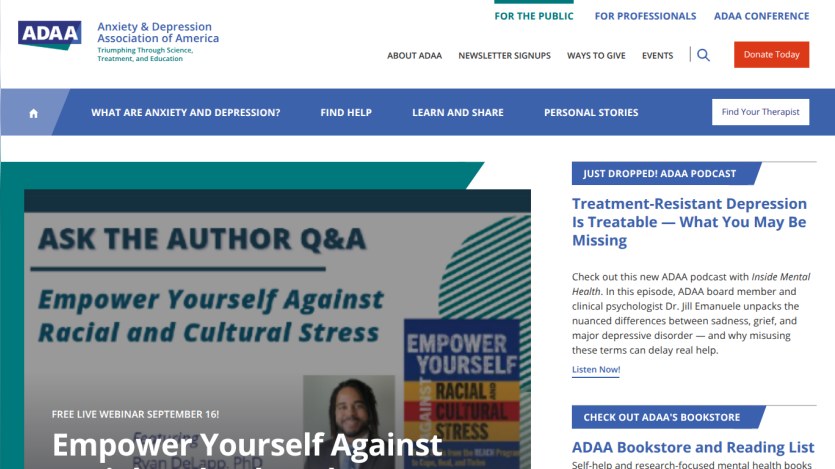 ADAA homepage featuring a Q&A section on racial and cultural stress empowerment.