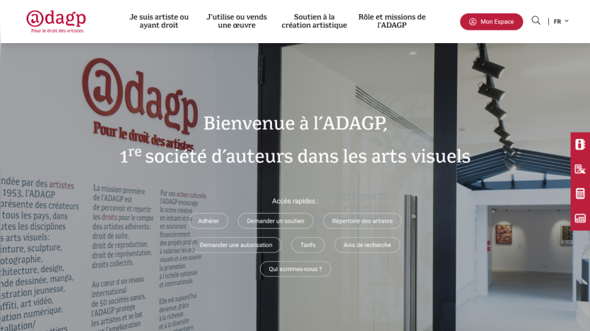 Homepage of ADAGP, the leading visual arts authors' society, with navigation and quick access buttons