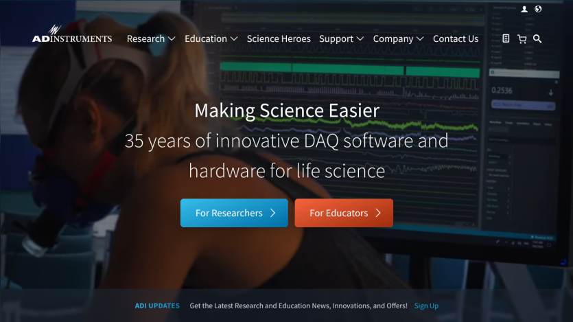 Homepage of ADInstruments showcasing 35 years of DAQ software and hardware for life science with options for researchers and educators