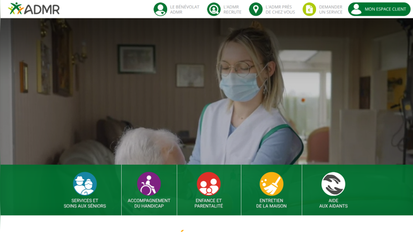 Healthcare worker wearing a mask caring for an elderly person, with navigation menu for services like emergency, physiotherapy, and home care