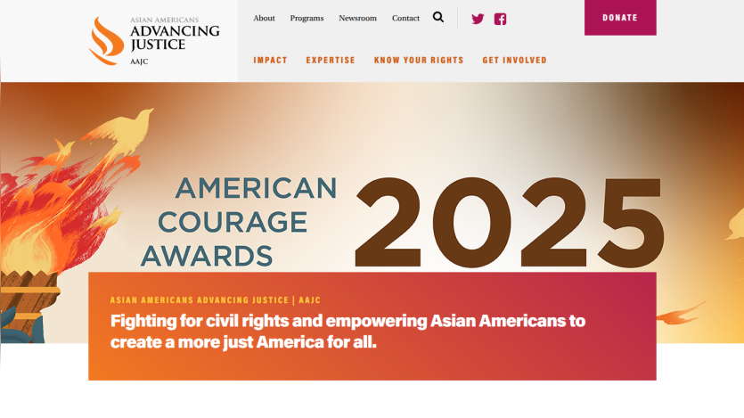 Asian Americans Advancing Justice homepage featuring American Courage Awards 2025 and mission statement on civil rights and empowerment