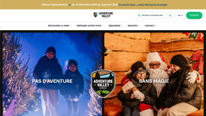 Adventure Valley Durbuy website with winter event announcement, navigation menu, and images of children and Santa Claus