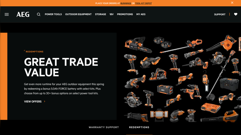 AEG website with navigation menu and hero section promoting rapid response warranty for power tools with up to 6-year coverage.
