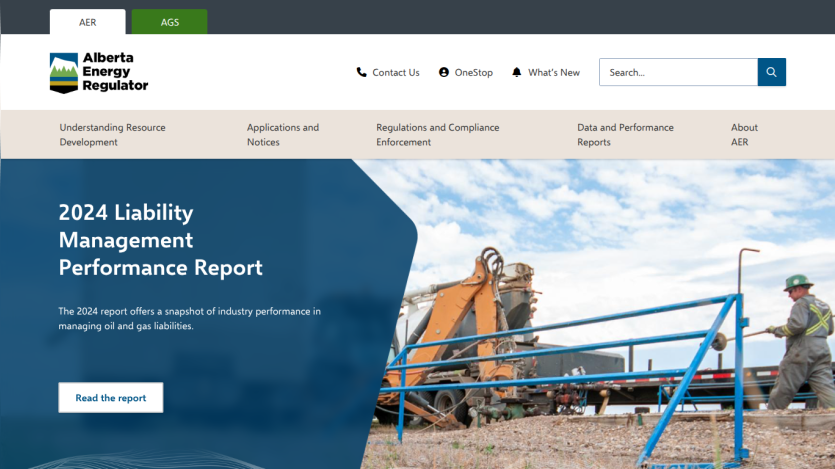 Alberta Energy Regulator 2024 Liability Management Performance Report with navigation and call to action button.