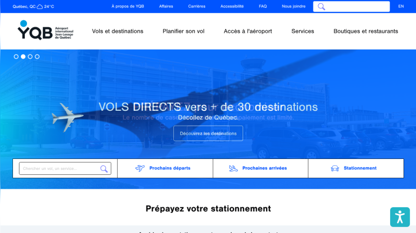 Jean-Lesage International Airport Quebec homepage with direct flights to 30 destinations and flight search options