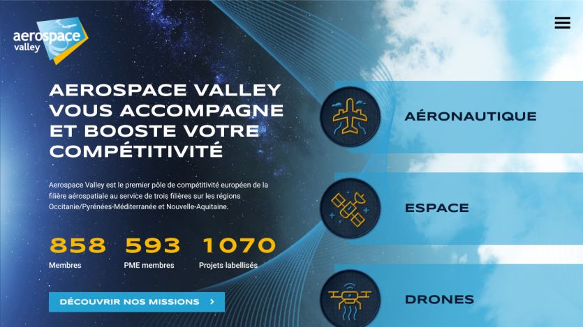 Aerospace Valley homepage highlighting competitiveness boost, member stats, and sectors aeronautique, espace, drones
