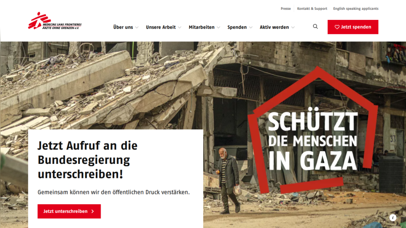 Call to action for signing a petition to protect people in Gaza, with a background image of destruction.