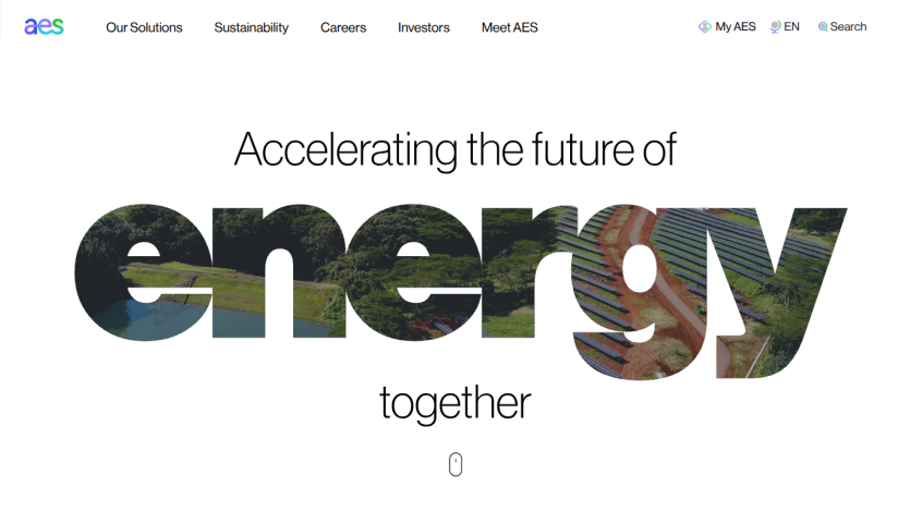 Homepage featuring the slogan 'Accelerating the future of energy together' with a background image.