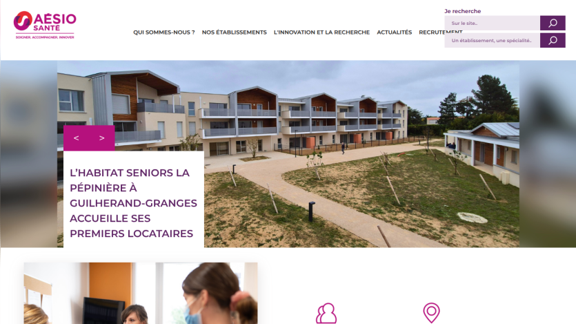 Aesio Santé website with navigation menu and hero image of senior housing in Guilherand-Granges welcoming first tenants.