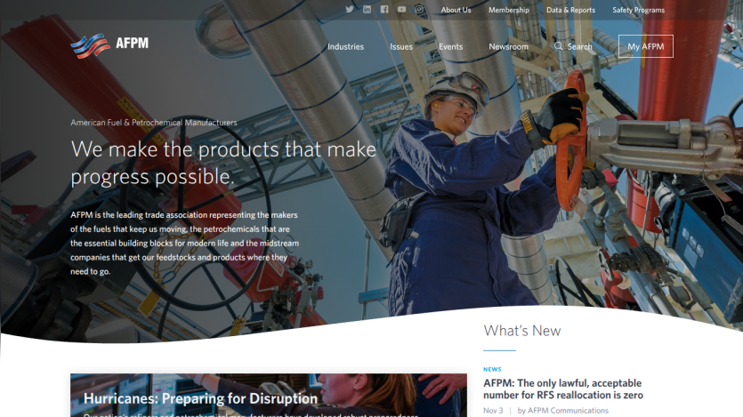 AFPM homepage with a worker operating industrial equipment and text about making products that enable progress