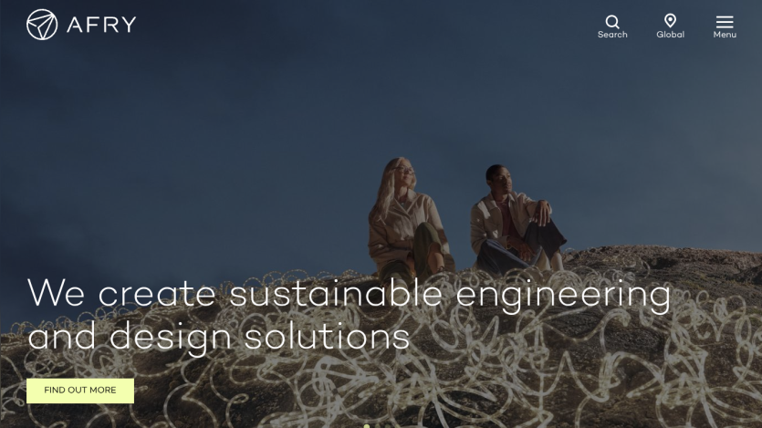 Homepage of AFRY showcasing sustainable engineering and design solutions with two people sitting on a rock.