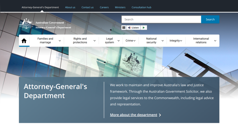 Homepage of the Attorney-General's Department with navigation and introductory text.