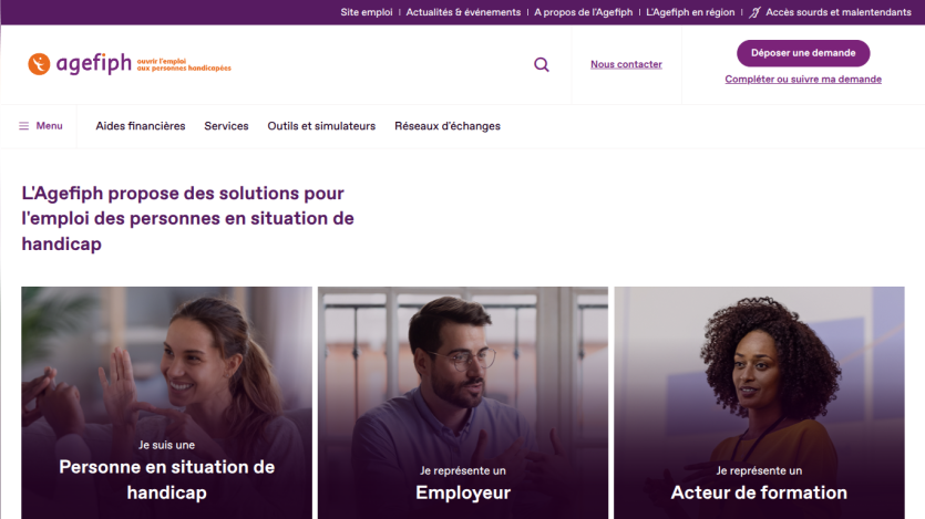 Homepage of Agefiph offering employment solutions for people with disabilities, featuring three main sections.