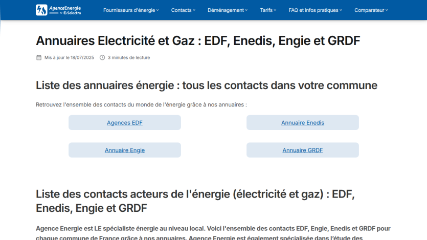 Energy directory listing contacts for EDF, Enedis, Engie, and GRDF with navigation menu and article date