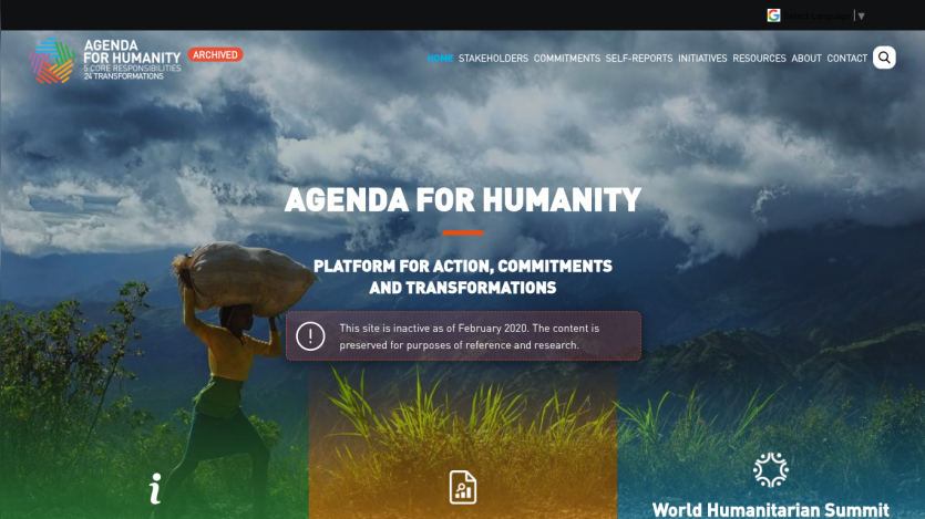 Agenda for Humanity platform for action, commitments and transformations with mountain background and person carrying a sack