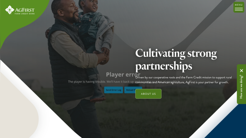 AgFirst Farm Credit Bank homepage with headline Cultivating strong partnerships and about us button