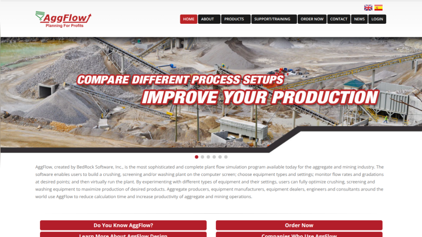 Website homepage showing header with navigation and a hero section promoting process setup comparison to improve production