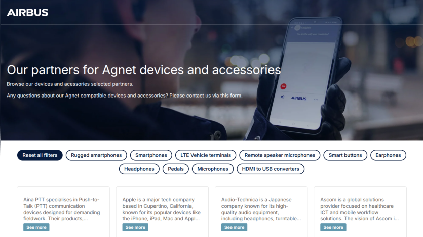 Airbus partners page for Agnet devices and accessories with product categories and partner descriptions