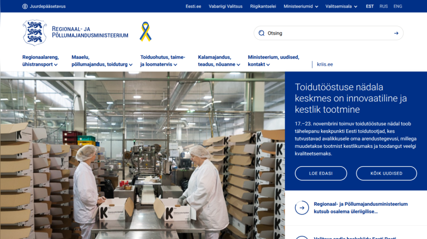 Estonian Ministry of Rural Affairs website with navigation and a hero section about innovative and sustainable food production