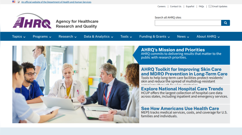 Agency for Healthcare Research and Quality homepage with mission statement and links to toolkits and health care data