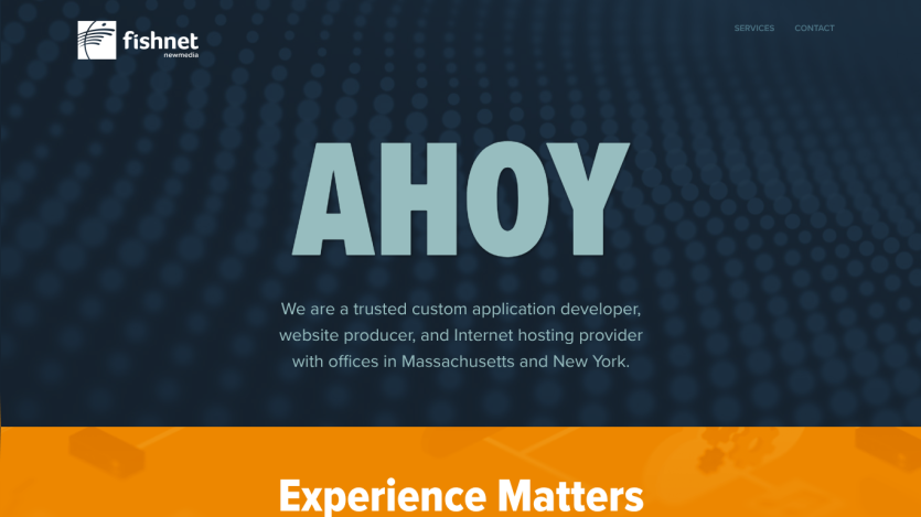 Fishnet homepage with tagline about custom application development and hosting services in Massachusetts and New York