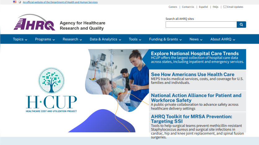 Homepage of AHRQ featuring healthcare trends and safety initiatives.