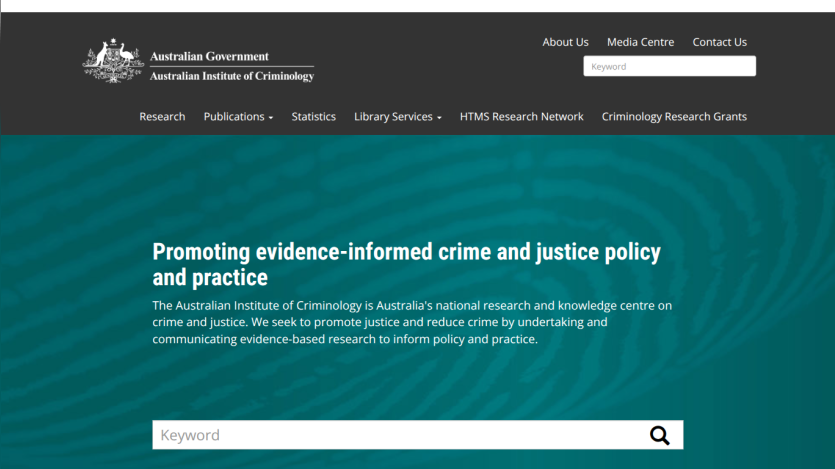 Homepage promoting evidence-informed crime and justice policy with a search bar.