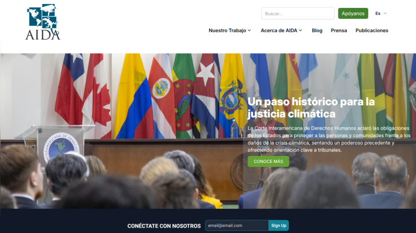 AIDA website with a hero section about a historic step for climate justice by the Inter-American Court of Human Rights