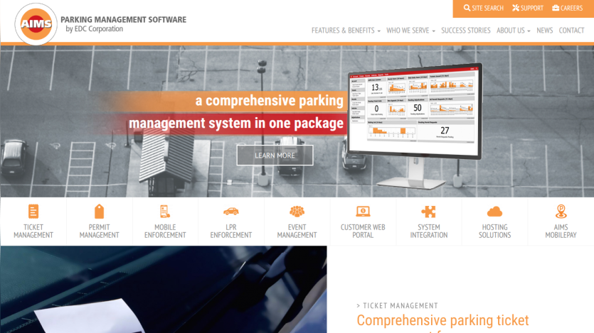 Parking management software homepage with navigation menu and headline about comprehensive parking management system.