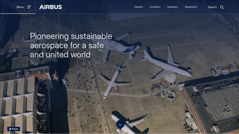 Airbus homepage featuring a tagline about sustainable aerospace and an aerial view of aircraft.
