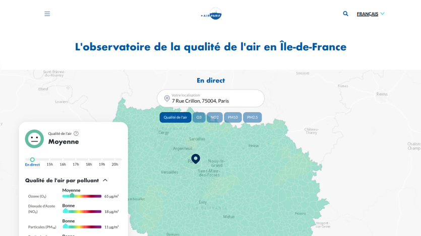 Air quality observatory in Île-de-France showing average air quality with pollutant levels and location on map