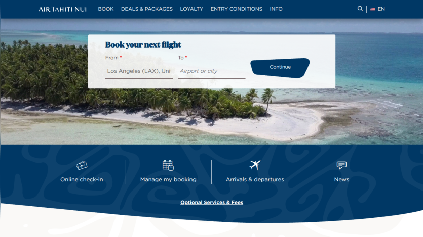 Flight booking section with departure city and search button on a tropical background.