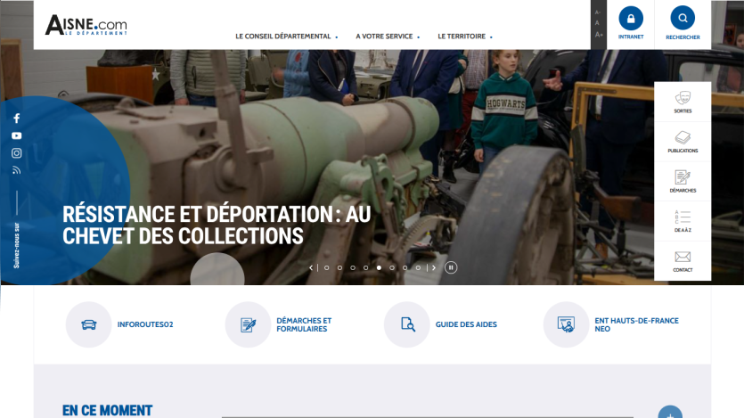 Aisne department website with navigation links and a hero section about resistance and deportation collections