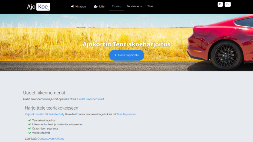 Driving theory practice website with a road and car image, navigation menu, and practice test information in Finnish