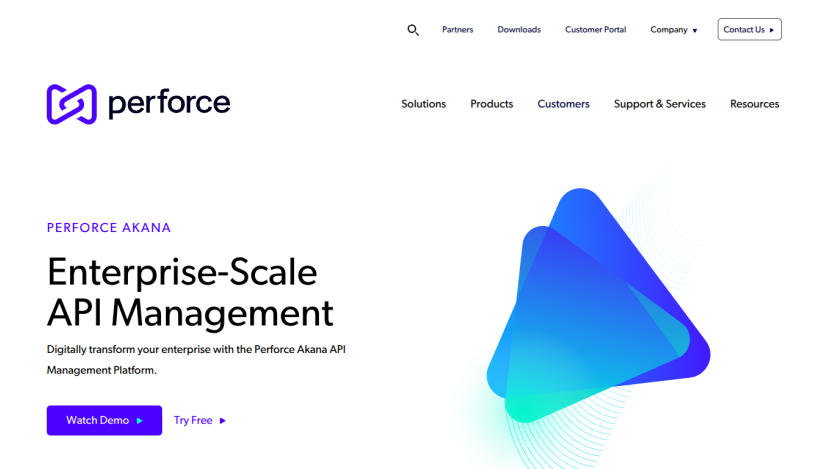 Perforce Akana enterprise-scale API management platform with options to watch demo or try free