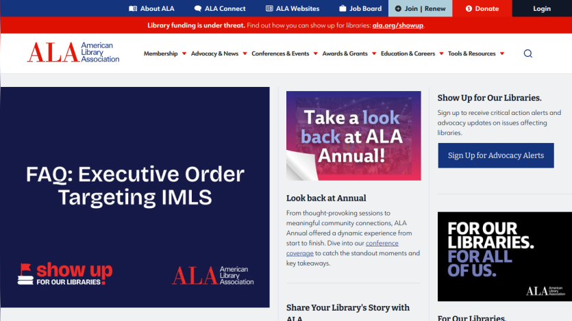 Homepage of the American Library Association featuring news and links to resources.